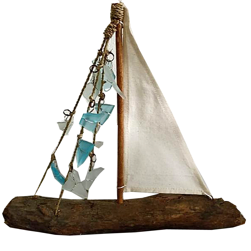 Driftwood Boat White Sail Seaglass Boat