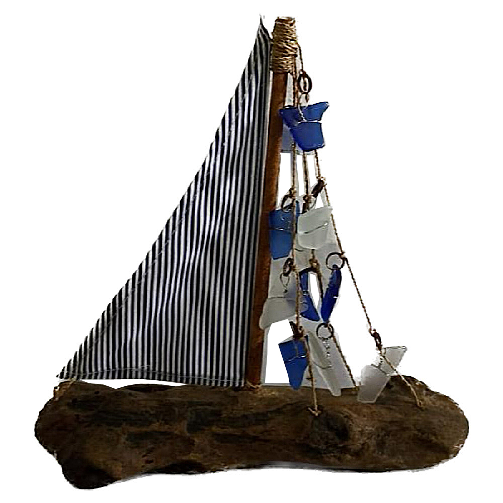 Driftwood Boat Blue Strip Sail Seaglass Boat