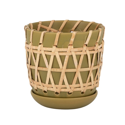 [GA2870] Arman Ceramic/Rattan Pot Green