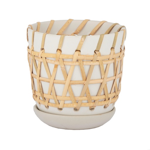 [GA2871] Arman Ceramic/Rattan Pot White