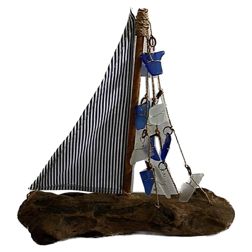 [51232] Driftwood Boat Blue Strip Sail Seaglass Boat