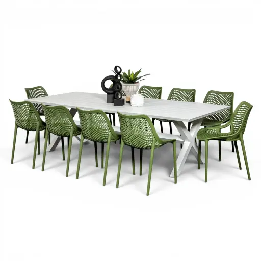 Samui 2.6m Table & 10 Isla Chairs White/Grass