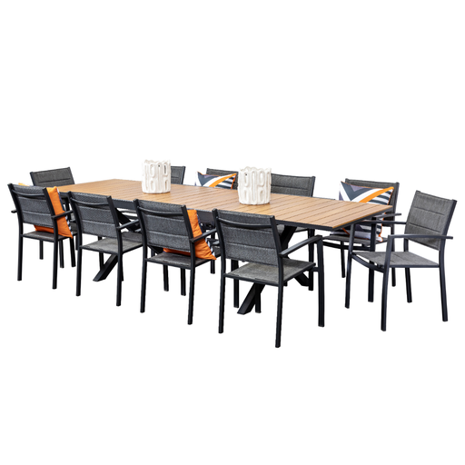 Weatherwood Extension Table & 10 Whitby Chairs Black