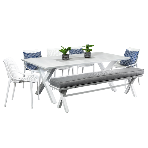 Samui 2m Table, Bench & 5 Isla Chairs White