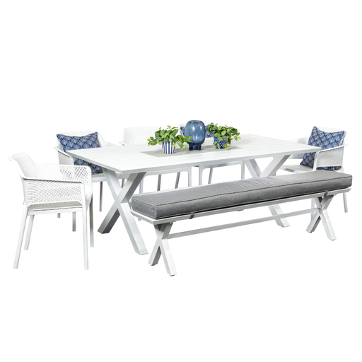Samui 2m Table, Bench & 5 Paris Chairs White