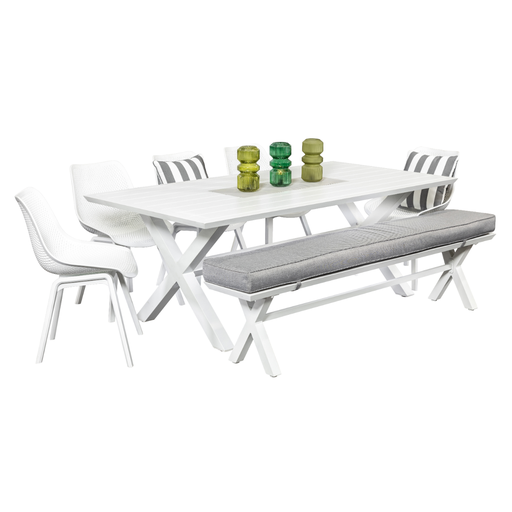 Samui 2m Table, Bench & 5 Bronte Chairs White