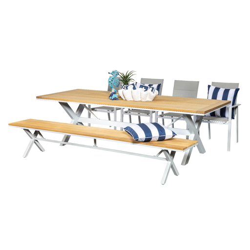 Tribeca 2.6m Table, Bench & 4 Lagoon Chairs White 