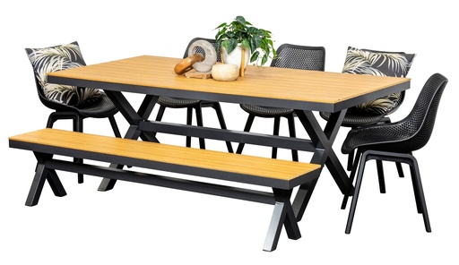 Coast 2m Table, Bench & 5 Bronte Chairs Black