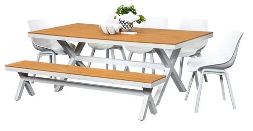 Coast 2m Table, Bench & 5 Bronte Chairs White