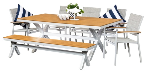 Coast 2m Table, Bench & 5 Coast Chairs White
