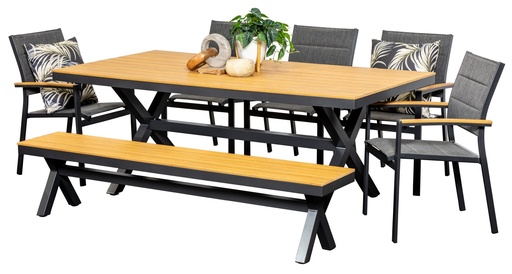 Coast 2m Table, Bench & 5 Coast Chairs Black