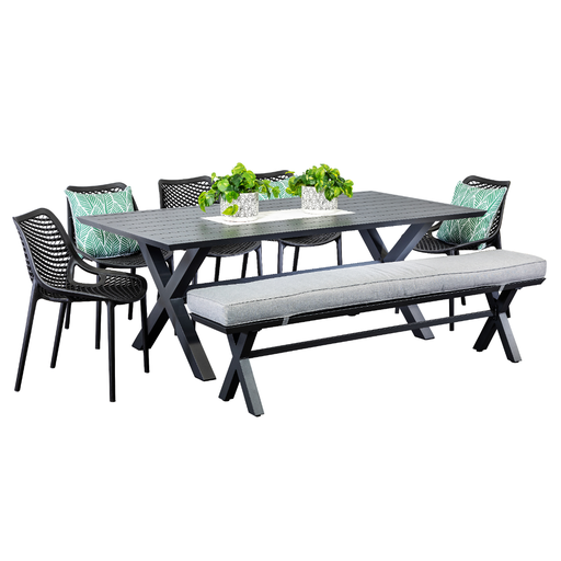 Samui 2m Table, Bench & 5 Isla Chairs Black