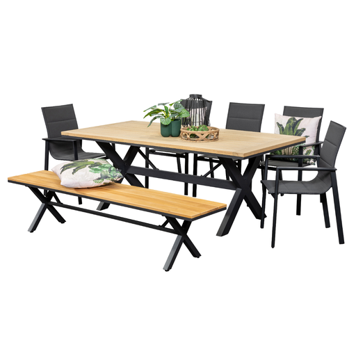 Tribeca 2m Table, Bench & 5 Lagoon Chairs Black