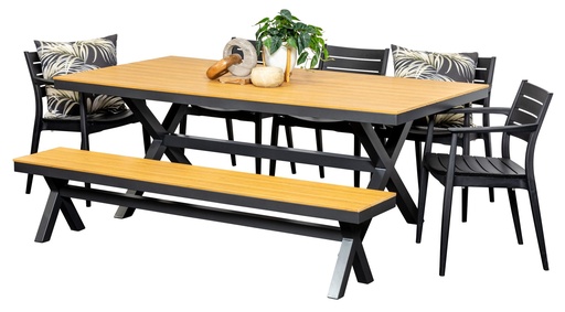 Coast 2m Table, Bench & 5 Lyon Chairs Black