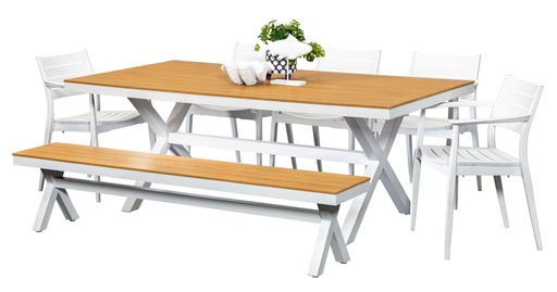 Coast 2m Table, Bench & 5 Lyon Chairs White