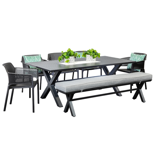 Samui 2m Table, Bench & 5 Paris Chairs Black
