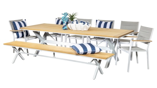 Tribeca 2.6m Table, Bench & 6 Chelsea Chairs White