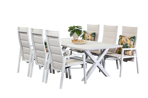 Samui 2m Table & 6 Crown Recliners White