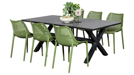 Samui 2m Table & 6 Isla Chairs Black/Grass