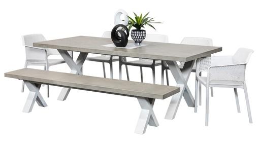 Element 2.2m Table, Bench & 5 Paris Chairs White