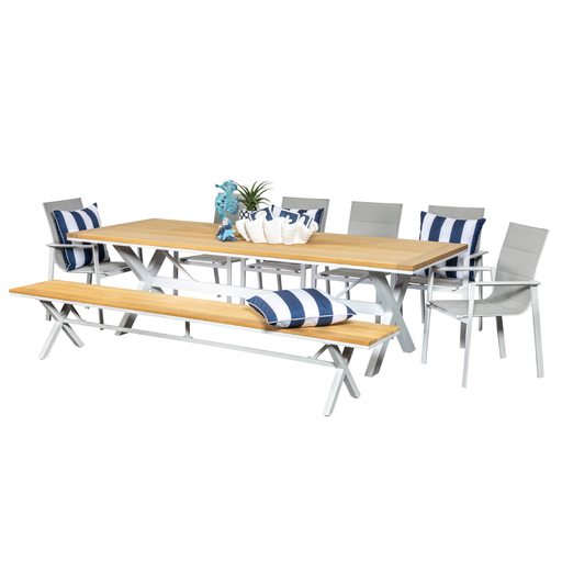 Tribeca 2.6m Table, Bench & 6 Lagoon Chairs White