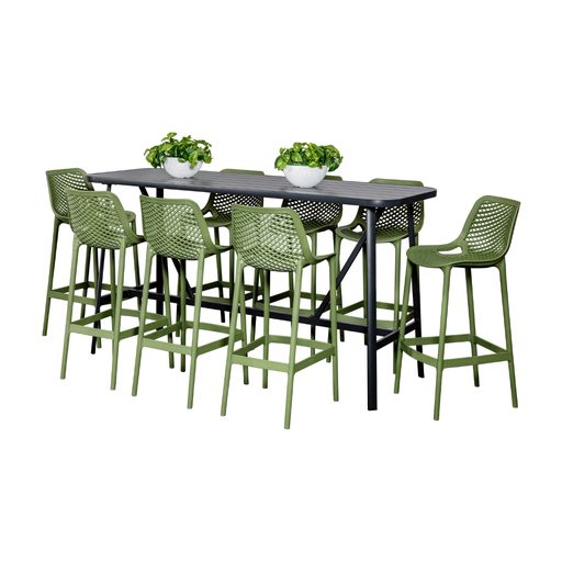 Albi 2m Bar Table & 8 Isla Stools Black/Grass
