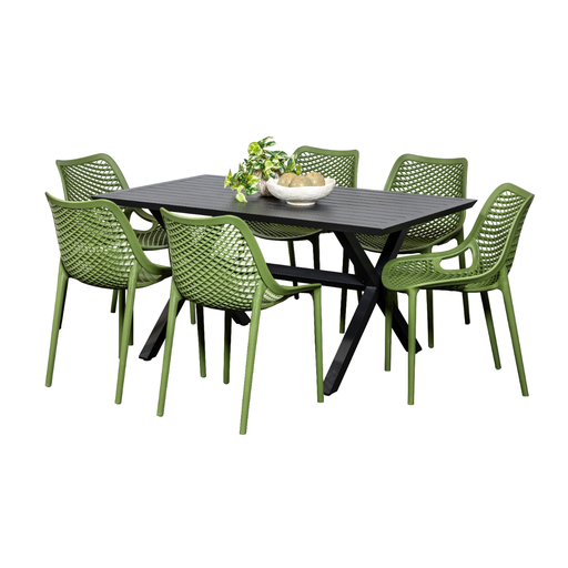 Samui 1.5m Table & 6 Isla Chairs Black/Grass