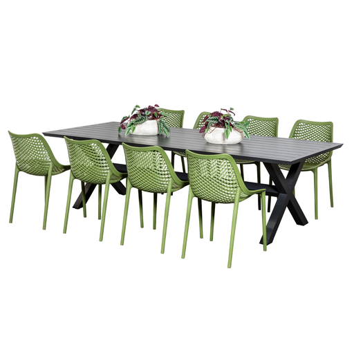 Samui 2.6m Table & 8 Isla Chairs Black/Grass