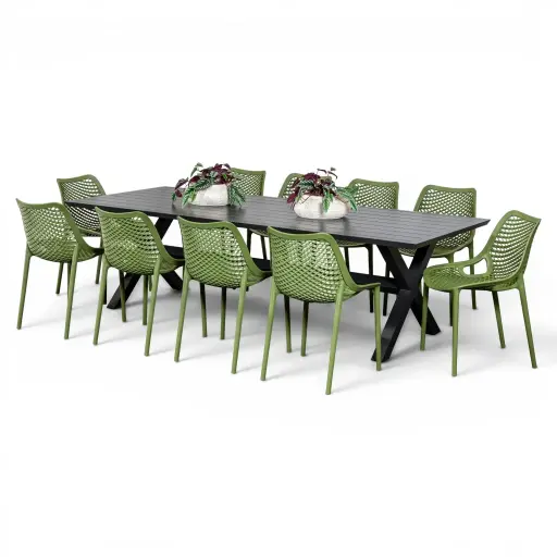 Samui 2.6m Table & 10 Isla Chairs Black/Grass