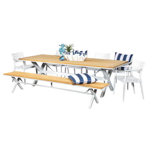 Tribeca 2.6m Table, Bench & 6 Lyon Chairs White 