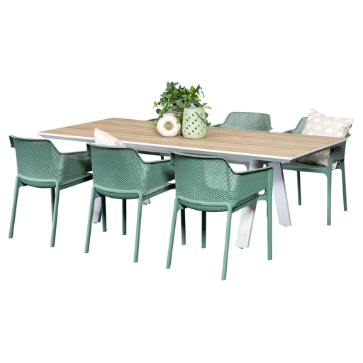 Allure 2.3m Table & 6 Paris Chairs White/Mint 
