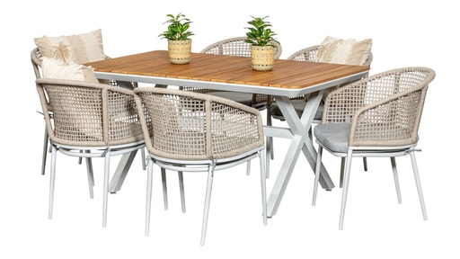 Maldives 1.5m Table & 6 Sundown Chairs White/Beige 