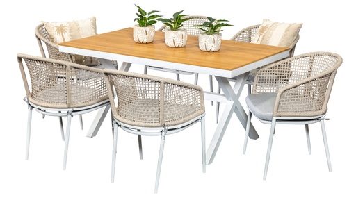 Coast 1.5m Table & 6 Sundown Chairs White/Beige