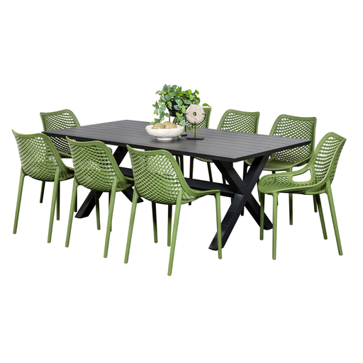 Samui 2m Table & 8 Isla Chairs Black/Grass 