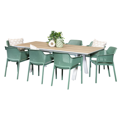 Allure 2.3m Table & 8 Paris Chairs White/Mint