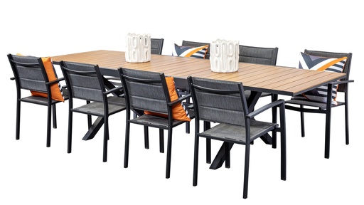 Weatherwood Extension Table & 8 Whitby Chairs Black