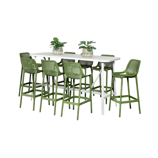 Albi 2m Bar Table & 8 Isla Stools White/Grass