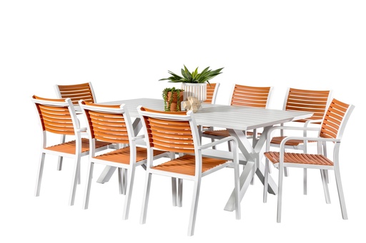 Samui 2m Table & 8 Aria Chairs White/Terracotta