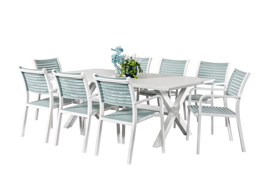 Samui 2m Table & 8 Aria Chairs White/Sky