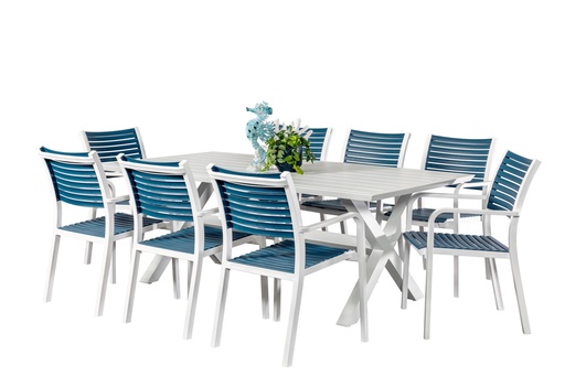 Samui 2m Table & 8 Aria Chairs White/Navy
