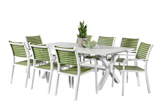 Samui 2m Table & 8 Aria Chairs White/Grass