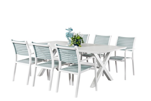 Samui 2m Table & 6 Aria Chairs White/Sky