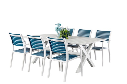 Samui 2m Table & 6 Aria Chairs White/Navy