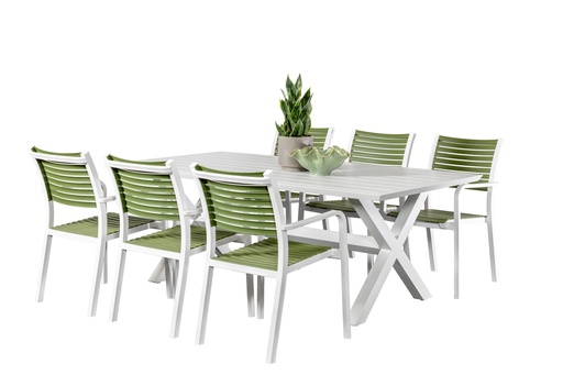 Samui 2m Table & 6 Aria Chairs White/Grass
