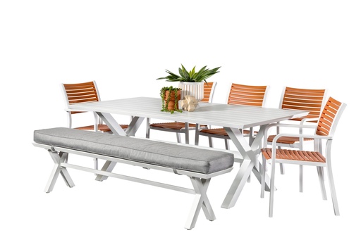 Samui 2m Table, Bench & 5 Aria Chairs White/Terracotta