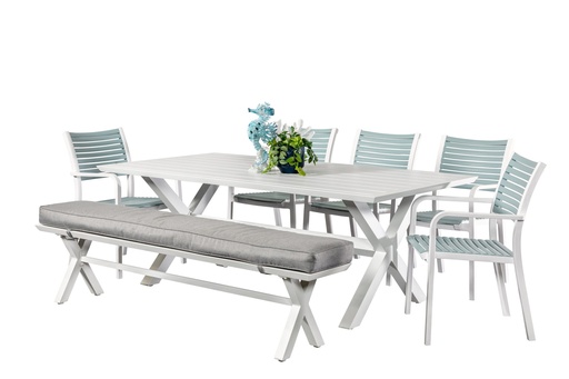 Samui 2m Table, Bench & 5 Aria Chairs White/Sky