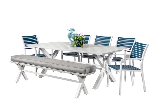 Samui 2m Table & 5 Aria Chairs White/Navy