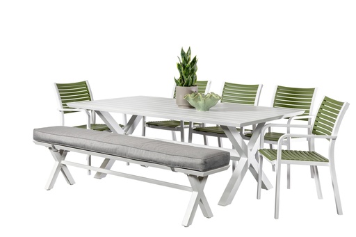 Samui 2m Table & 5 Aria Chairs White/Grass