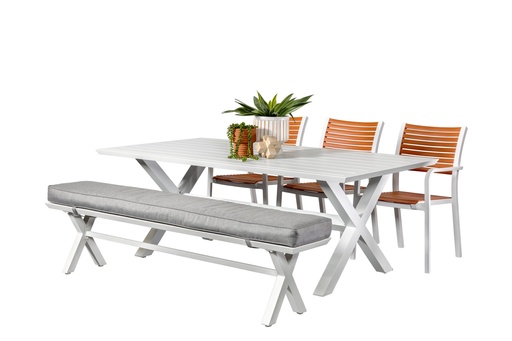 Samui 2m Table, Bench & 3 Aria Chairs White/Terracotta