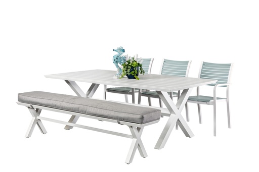 Samui 2m Table, Bench & 3 Aria Chairs White/Sky
